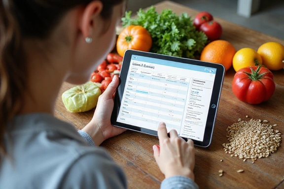 A person looking at a personalized meal plan on a tablet with healthy food around.